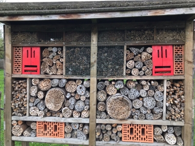 Koka mājiņa ar dažādiem koka, salmu un māla materiāliem, kurā var ziemot kukaiņi.